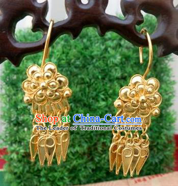 Chinese Traditional Ornaments Accessories Ancient Miao Minority Golden Tassel Earrings for Women