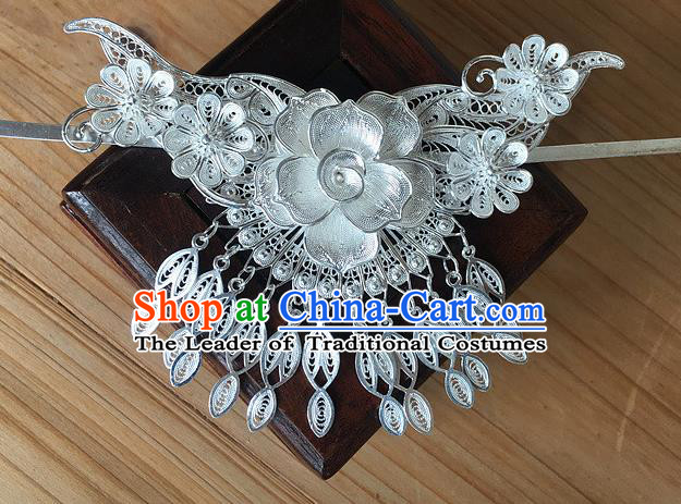 Traditional Chinese Miao Nationality Hair Accessories Hmong Female Folk Dance Hairpins Bracelet Sliver Necklace Headwear for Women
