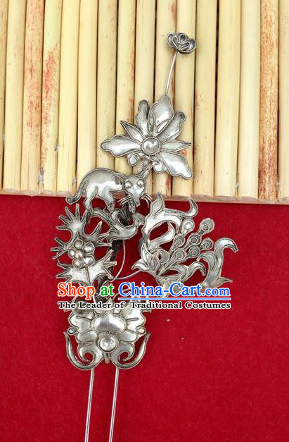 Traditional Chinese Miao Nationality Hair Accessories Hmong Female Folk Dance Hairpins Bracelet Sliver Necklace Headwear for Women