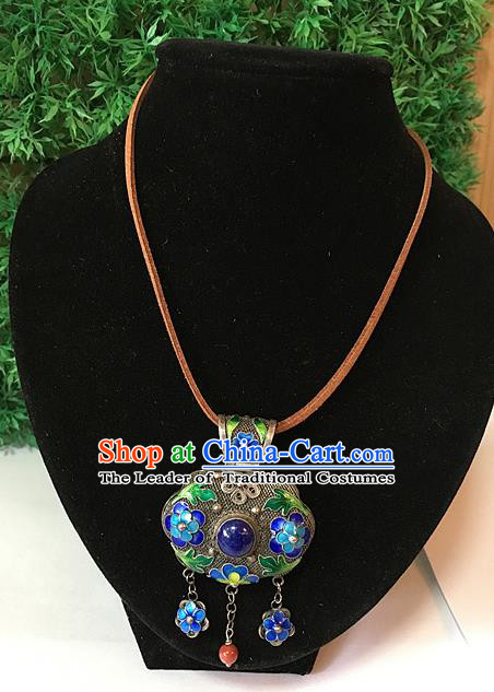 Handmade Chinese Miao Nationality Sachet Necklace Sliver Hmong Blueing Flowers Necklet for Women