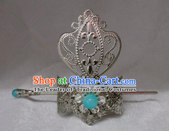 Chinese Traditional Ancient Prince Blue Bead Tuinga Hair Accessories Swordsman Hairpins for Men