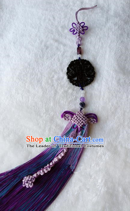 Handmade Chinese Ancient Jade Pendant Purple Tassel Waist Accessories for Women