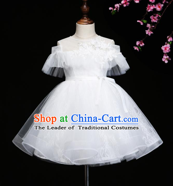 Children Modern Dance Costume Compere White Bubble Full Dress Stage Piano Performance Dress for Kids