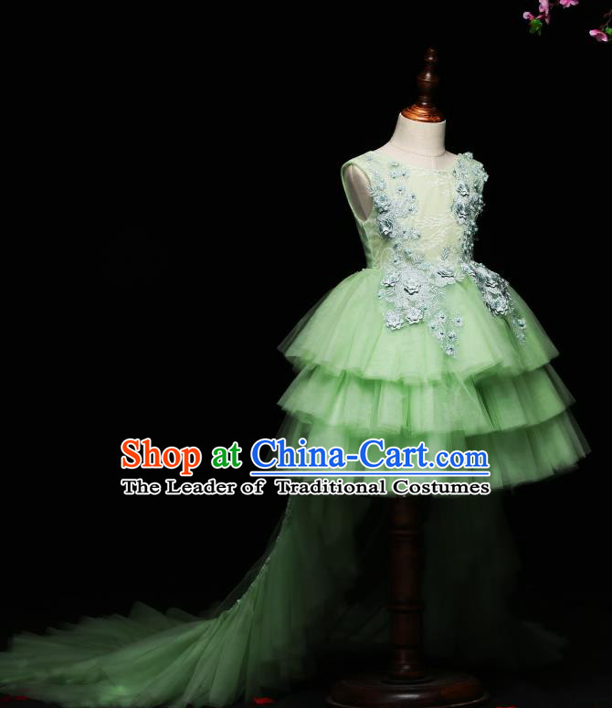 Children Modern Dance Costume Compere Trailing Full Dress Stage Piano Performance Green Veil Dress for Kids
