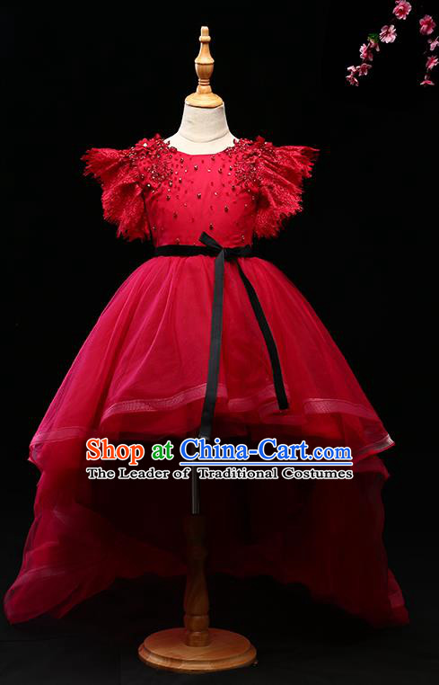 Children Modern Dance Costume Compere Trailing Full Dress Stage Piano Performance Princess Red Veil Dress for Kids