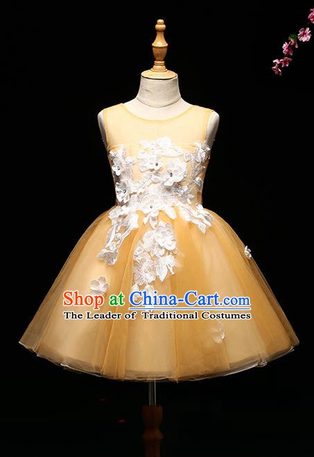 Children Modern Dance Costume Compere Full Dress Stage Piano Performance Princess Yellow Veil Dress for Kids
