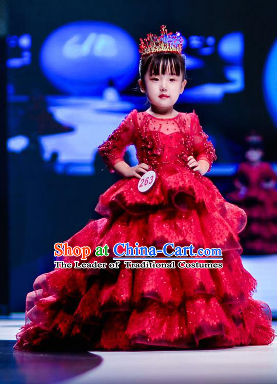 Children Modern Dance Costume Compere Full Dress Stage Piano Performance Princess Red Trailing Dress for Kids