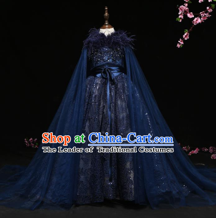 Children Modern Dance Costume Compere Navy Trailing Full Dress Stage Piano Performance Princess Dress for Kids