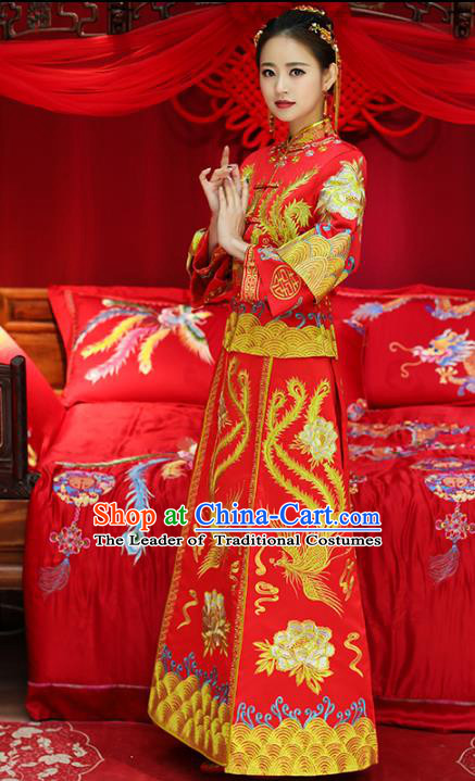 Top Grade Chinese Traditional Wedding Costumes Bride Embroidered Phoenix Peony Xiuhe Suits for Women