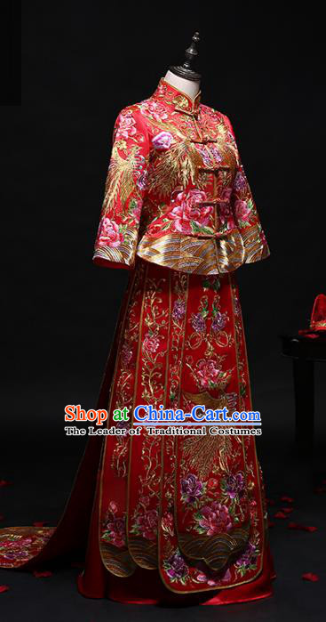 Chinese Traditional Embroidered Peony Phoenix Wedding Costumes Ancient Diamante Longfeng Flown Bride Xiuhe Suits for Women