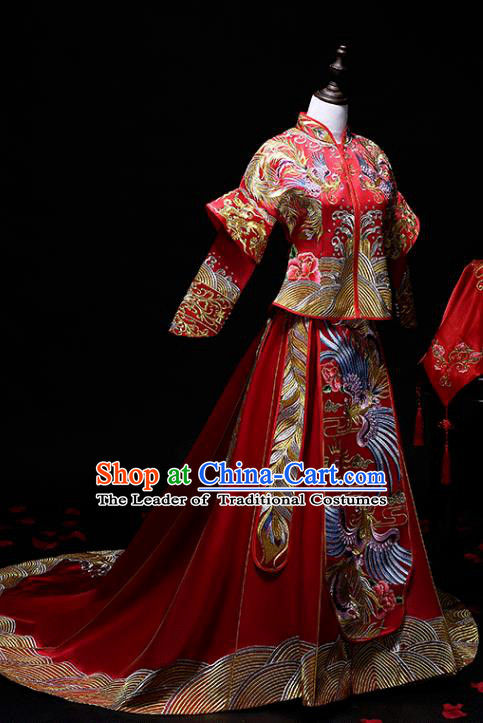 Chinese Traditional Embroidered Phoenix Wedding Costumes Ancient Trailing Longfeng Flown Bride Xiuhe Suits for Women