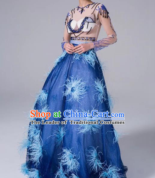 Top Grade Stage Performance Compere Costume Models Catwalks Blue Full Dress for Women