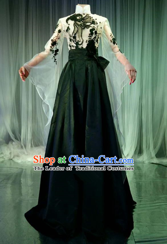 Top Grade Models Catwalks Costume Compere Stage Performance Black Full Dress for Women