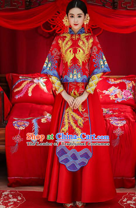 Chinese Traditional Wedding Costumes Top Grade Longfeng Flown Bride Embroidered Phoenix Xiuhe Suits for Women