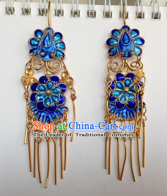Handmade Chinese Miao Nationality Blueing Tassel Earrings Hmong Sliver Eardrop for Women