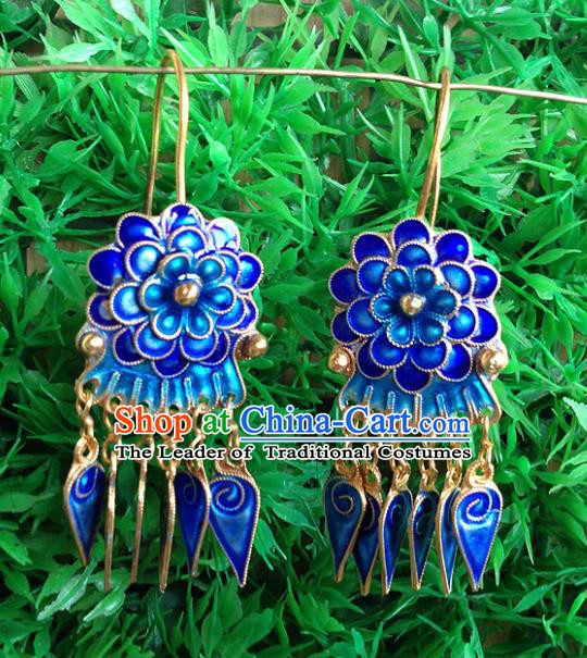 Handmade Chinese Miao Nationality Blueing Flowers Tassel Earrings Hmong Sliver Eardrop for Women
