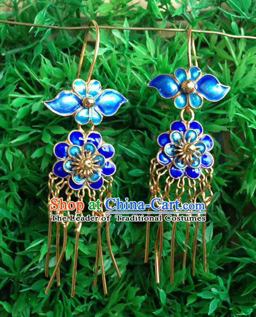 Handmade Chinese Miao Nationality Blueing Lotus Tassel Earrings Hmong Sliver Eardrop for Women