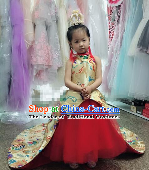 Children Models Show Costume Chinese Stage Performance Catwalks Trailing Dress and Headpiece for Kids