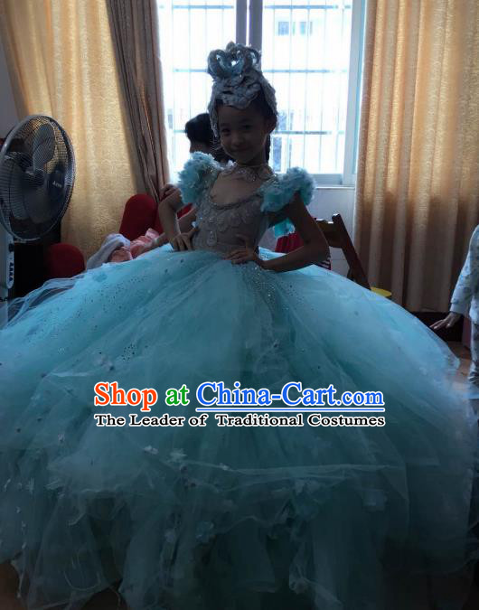 Children Models Show Costume Stage Performance Modern Dance Catwalks Green Veil LED Dress for Kids