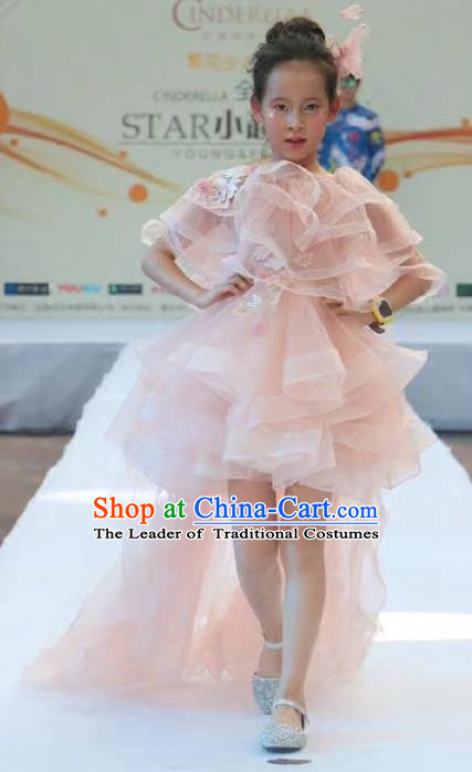 Children Models Show Costume Stage Performance Modern Dance Catwalks Pink Trailing Dress for Kids