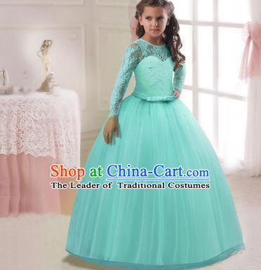 Children Models Show Costume Stage Performance Modern Dance Compere Green Lace Veil Dress for Kids