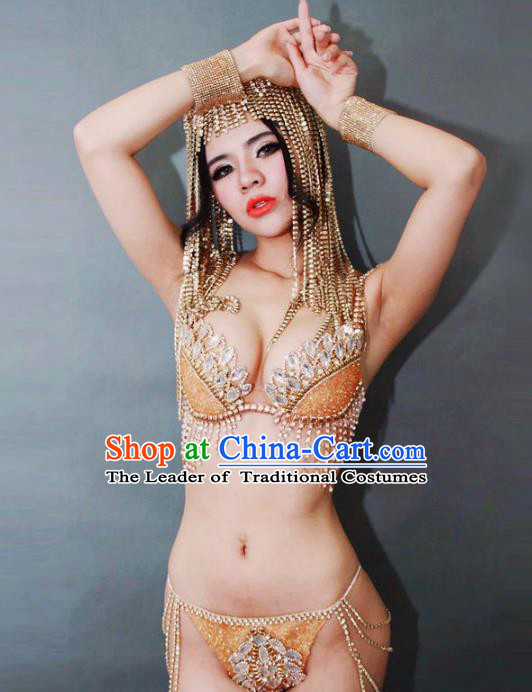 Top Grade Models Show Costume Stage Performance Golden Bikini and Headwear for Women