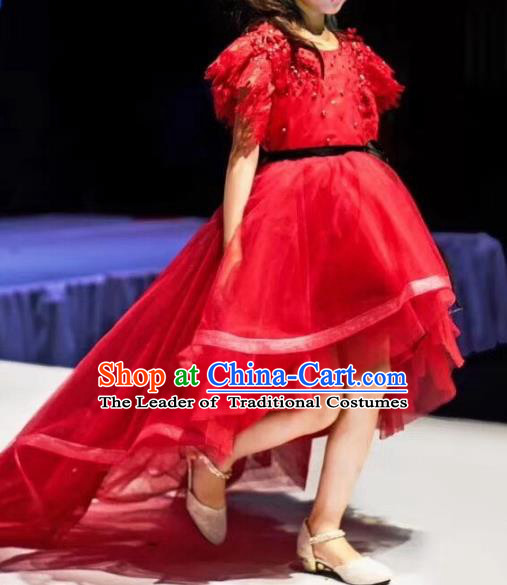 Children Models Show Costume Stage Performance Catwalks Compere Red Mullet Dress for Kids