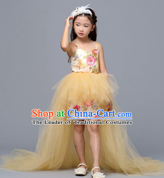Children Models Show Costume Stage Performance Catwalks Compere Yellow Veil Dress for Kids