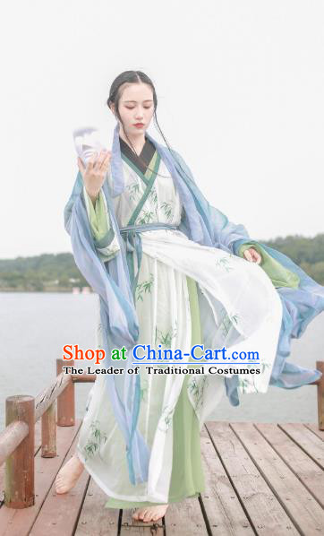 Chinese Jin Dynasty Princess Costume Ancient Nobility Lady Printing Bamboo Hanfu Dress for Women