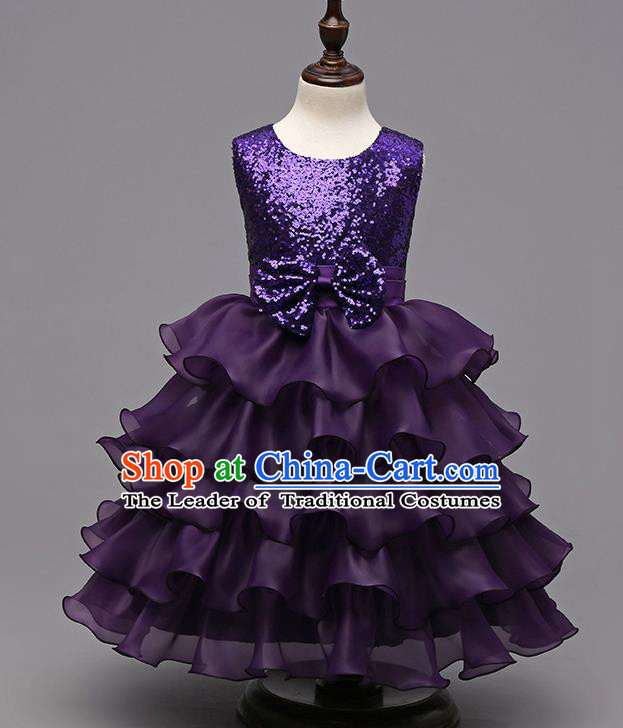 Top Grade Children Catwalks Costume Modern Dance Stage Performance Compere Purple Sequins Dress for Kids