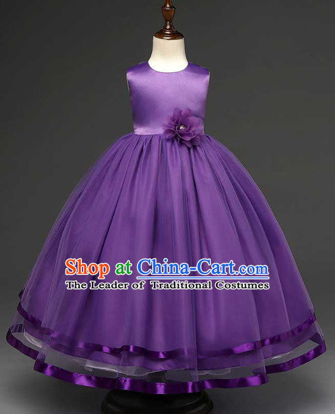 Top Grade Children Catwalks Costume Modern Dance Stage Performance Compere Purple Full Dress for Kids