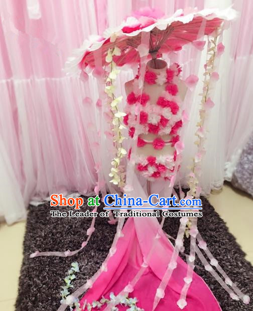 Children Models Show Costume Stage Performance Catwalks Pink Flowers Bikini and Headpiece for Kids