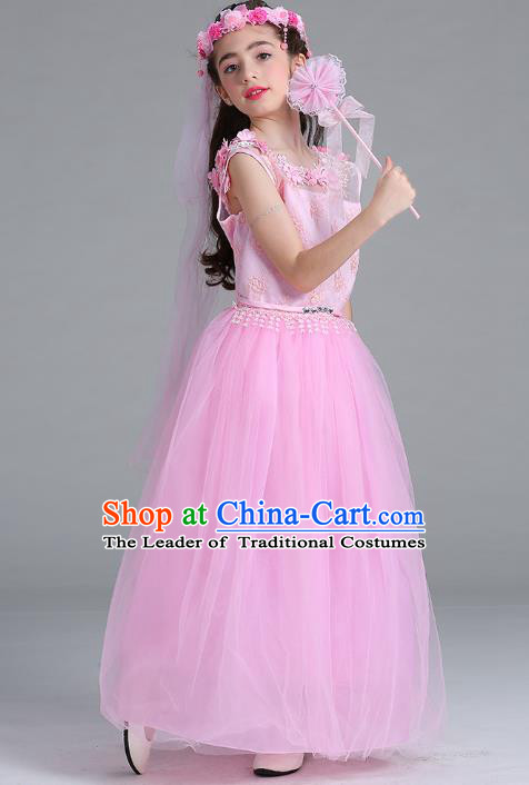 Children Models Show Compere Costume Stage Performance Catwalks Pink Lace Veil Full Dress for Kids