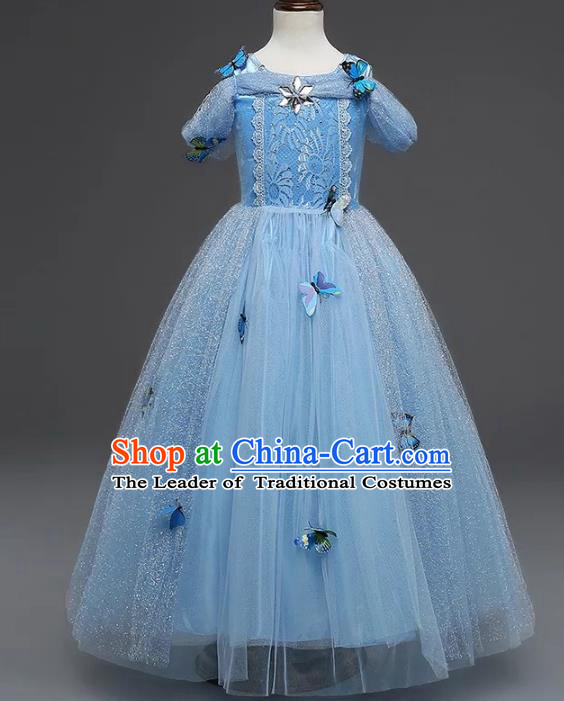 Children Models Show Compere Costume Stage Performance Girls Princess Blue Veil Full Dress for Kids