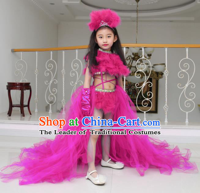 Children Models Show Compere Costume Girls Princess Rosy Veil Mullet Dress Stage Performance Clothing for Kids