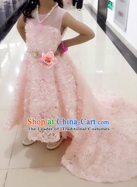 Children Models Show Compere Costume Girls Princess Pink Mullet Dress Stage Performance Clothing for Kids