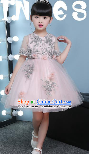 Children Models Show Compere Costume Girls Princess Pink Veil Dress Stage Performance Clothing for Kids