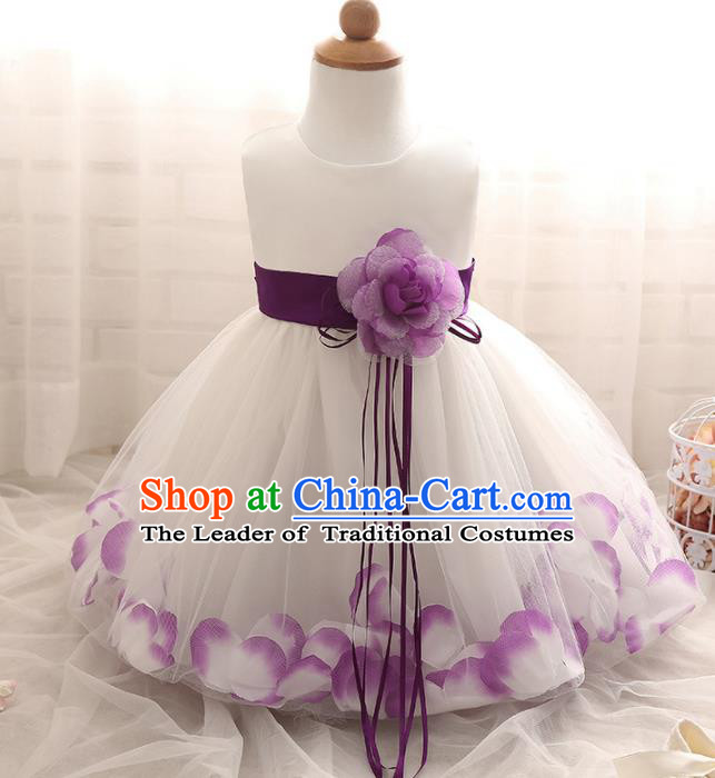 Children Models Show Costume Compere Purple Rose Full Dress Stage Performance Clothing for Kids