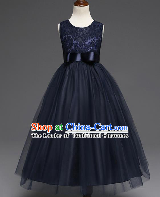 Children Models Show Costume Compere Navy Lace Full Dress Stage Performance Clothing for Kids