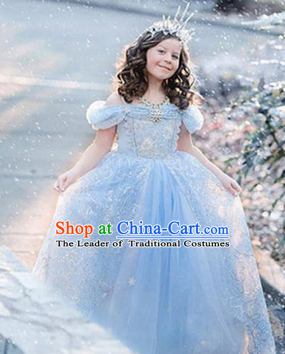Children Fairy Princess Costume Compere Stage Performance Catwalks Blue Dress for Kids