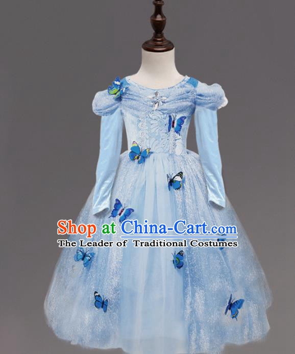Children Fairy Princess Costume Stage Performance Catwalks Compere Blue Butterfly Dress for Kids