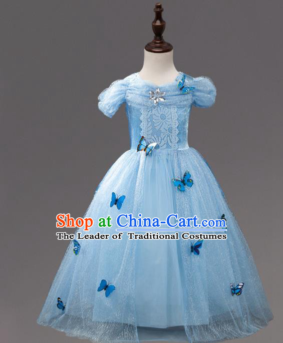 Children Fairy Princess Costume Compere Stage Performance Catwalks Blue Butterfly Dress for Kids