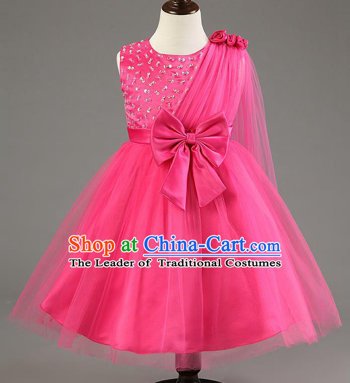 Children Fairy Princess Bowknot Rosy Dress Stage Performance Catwalks Compere Costume for Kids