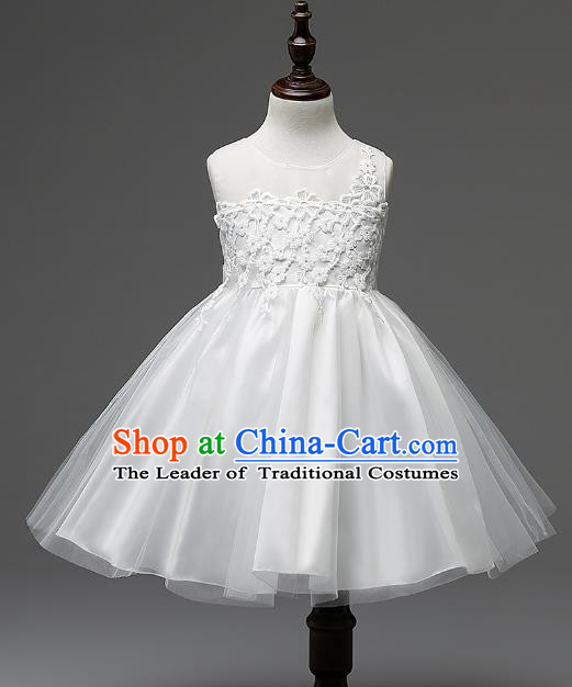 Children Modern Dance White Lace Dress Stage Performance Catwalks Compere Costume for Kids