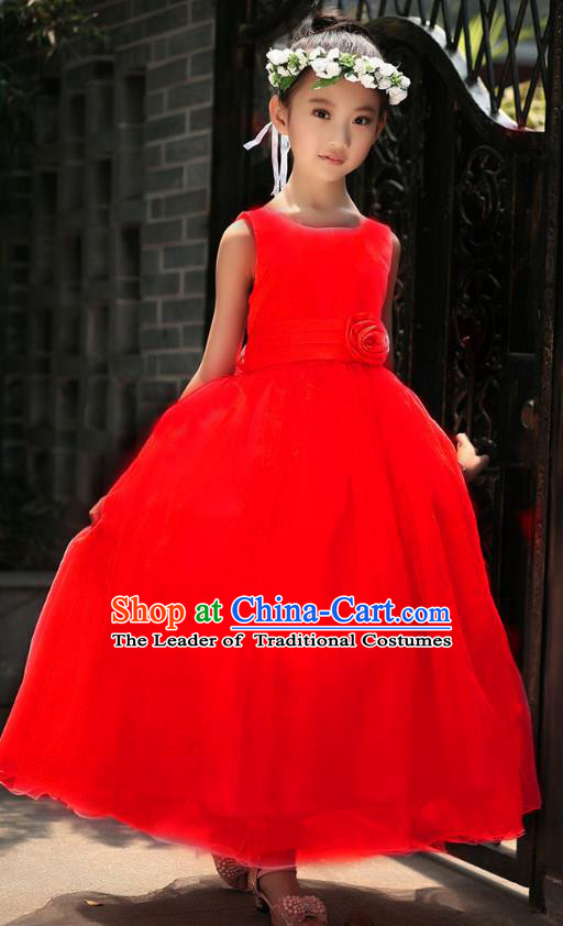Children Modern Dance Princess Red Dress Stage Performance Catwalks Compere Costume for Kids