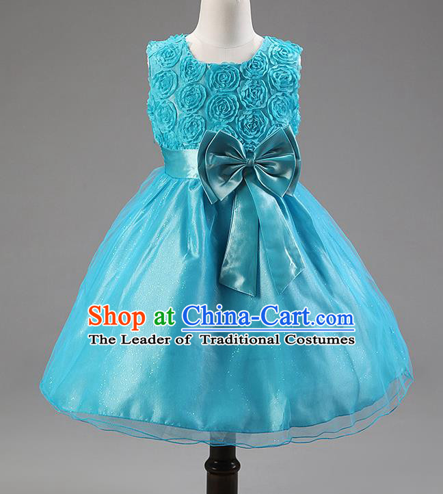 Children Modern Dance Princess Blue Rose Dress Stage Performance Catwalks Compere Costume for Kids