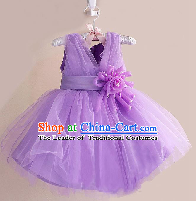 Children Modern Dance Purple Flower Bubble Dress Stage Performance Compere Catwalks Costume for Kids