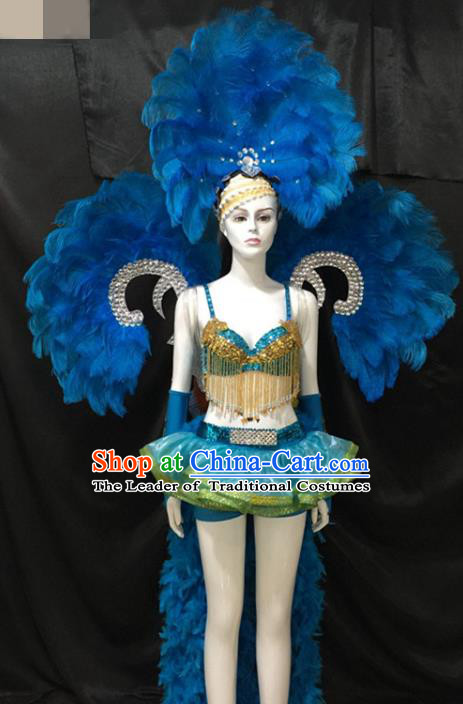 Brazilian Rio Carnival Samba Dance Costumes Catwalks Blue Butterfly Feather  Wings Swimsuit and Headwear for Women