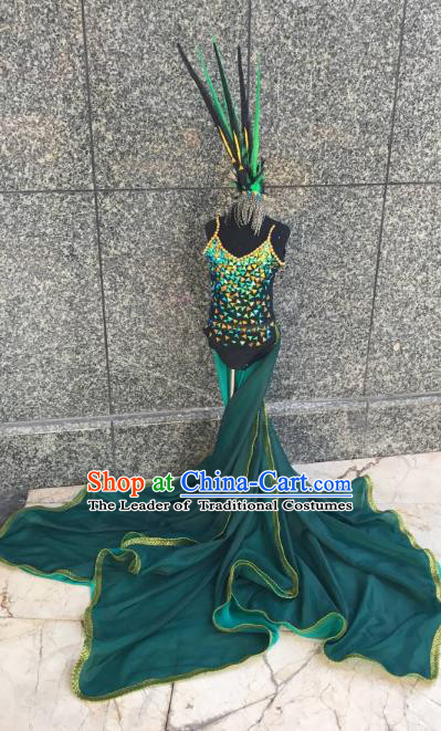 Top Grade Brazilian Carnival Costumes Halloween Catwalks Green Swimsuit and Hair Accessories for Kids