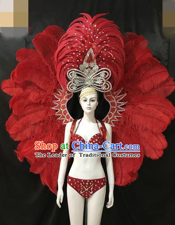 Brazilian Rio Carnival Red Feather Costumes Halloween Catwalks Swimsuit and Deluxe Feather Wings Headwear for Women